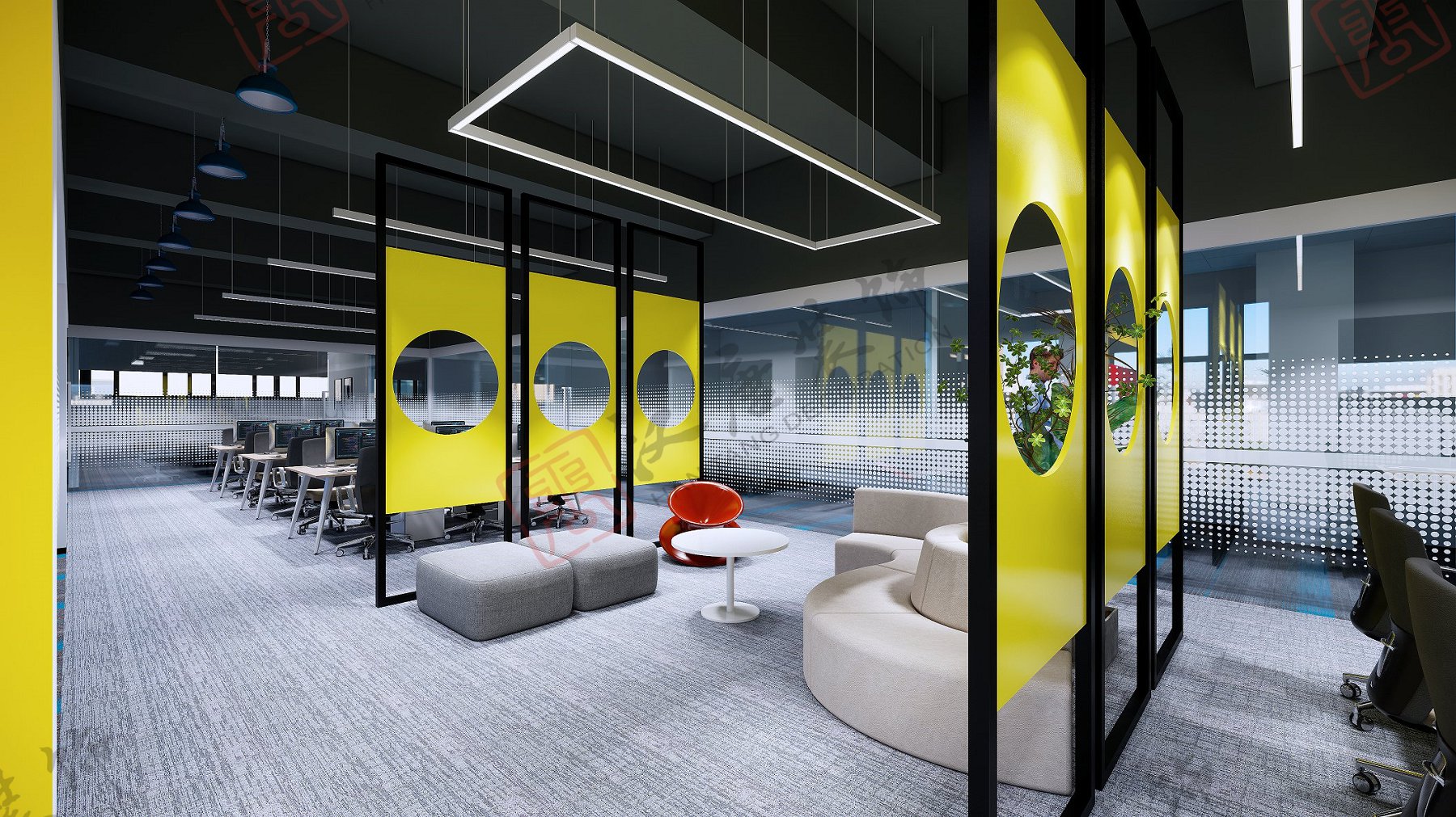 休闲区地面采用浅灰色地毯,墙面用白色墙漆,吊顶裸顶喷黑,搭配白色